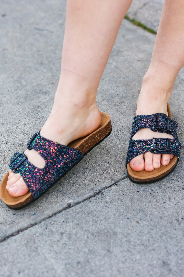 Black Glitter Cork Bed Buckle Slip-On Sandals