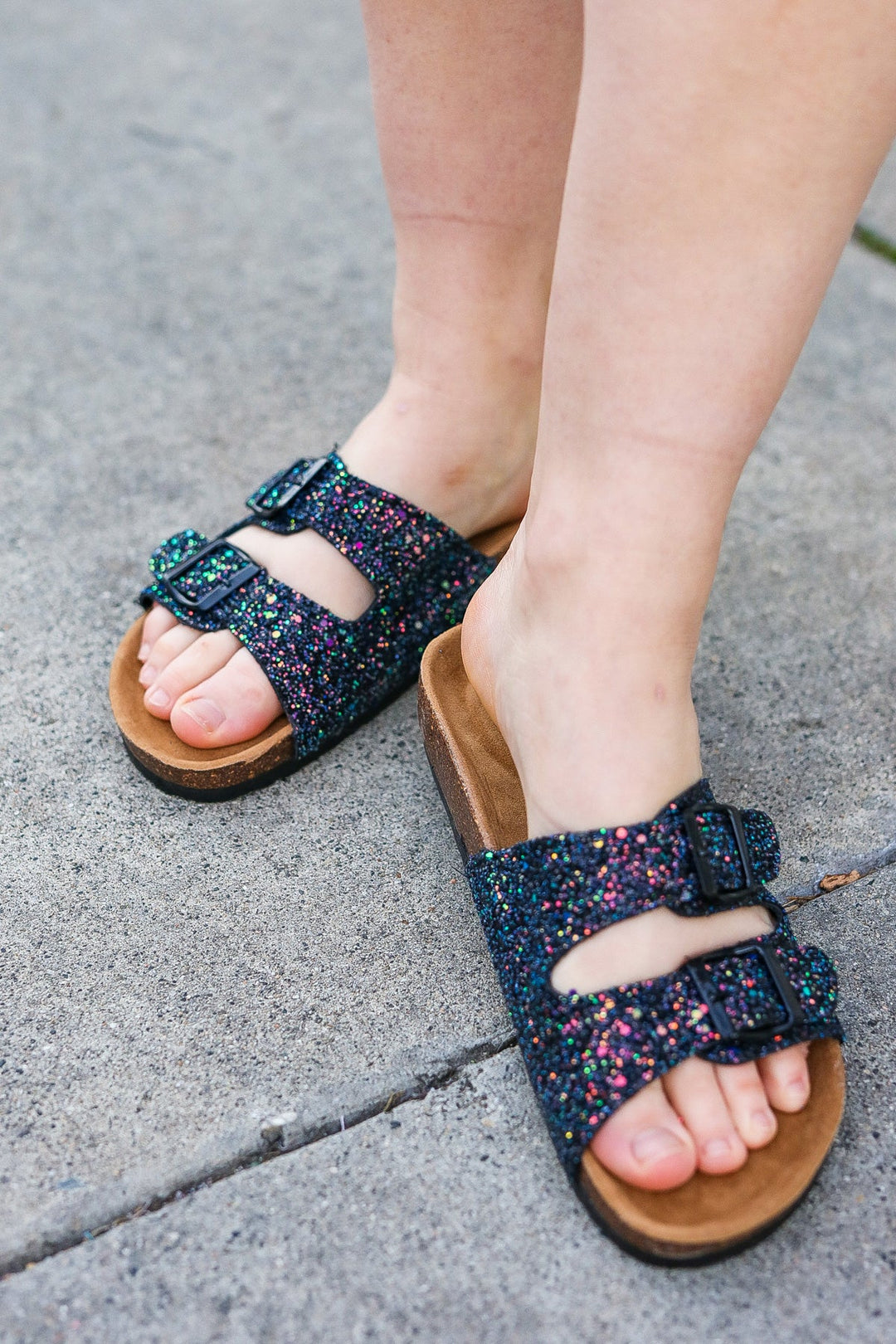 Black Glitter Cork Bed Buckle Slip-On Sandals