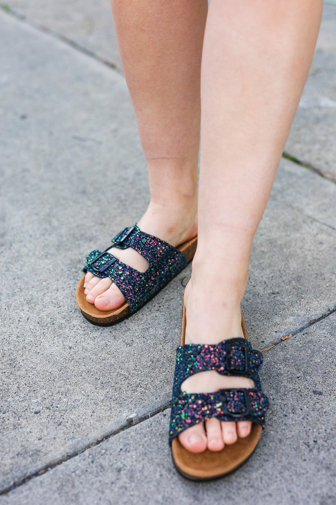 Black Glitter Cork Bed Buckle Slip-On Sandals