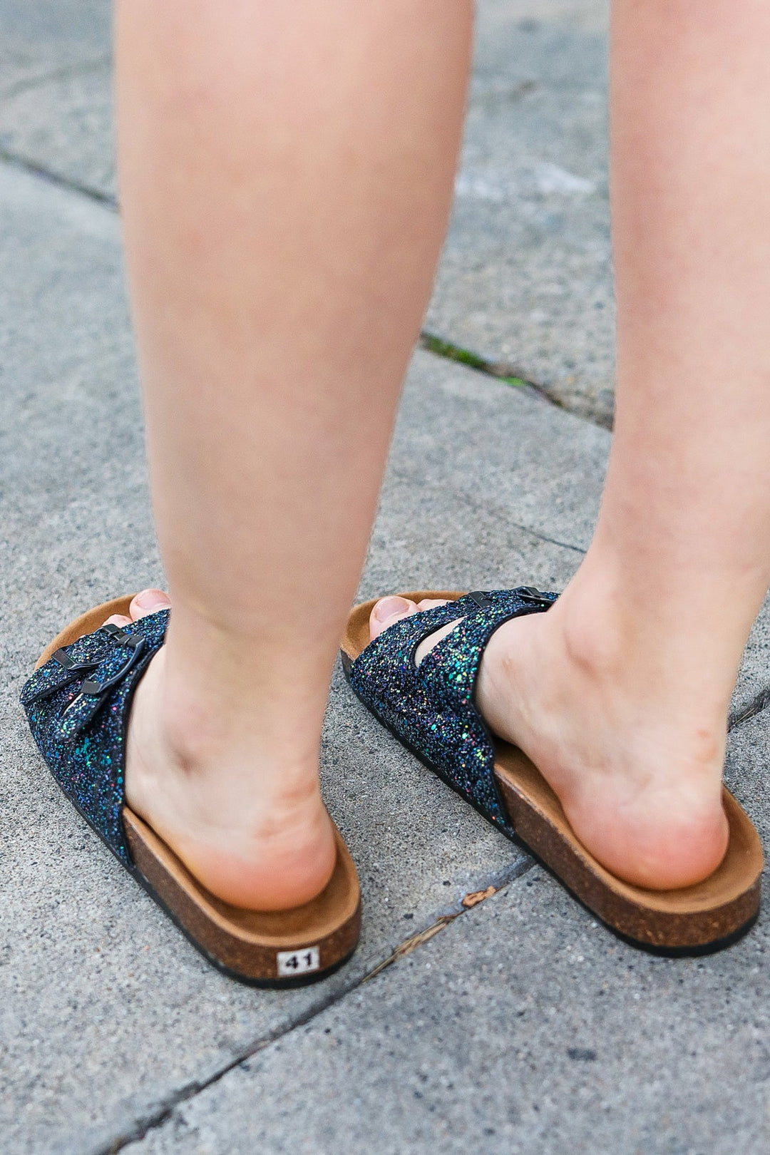 Black Glitter Cork Bed Buckle Slip-On Sandals