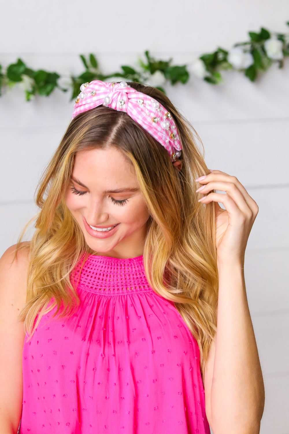 Pink Gingham Pearl & Jewels Top Knot Headband