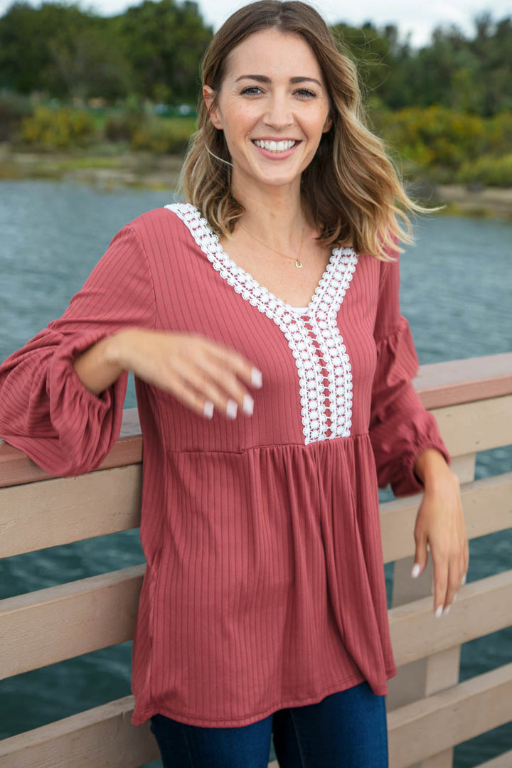 Dusty Rose Crochet Laced V Neck Babydoll Rib Top