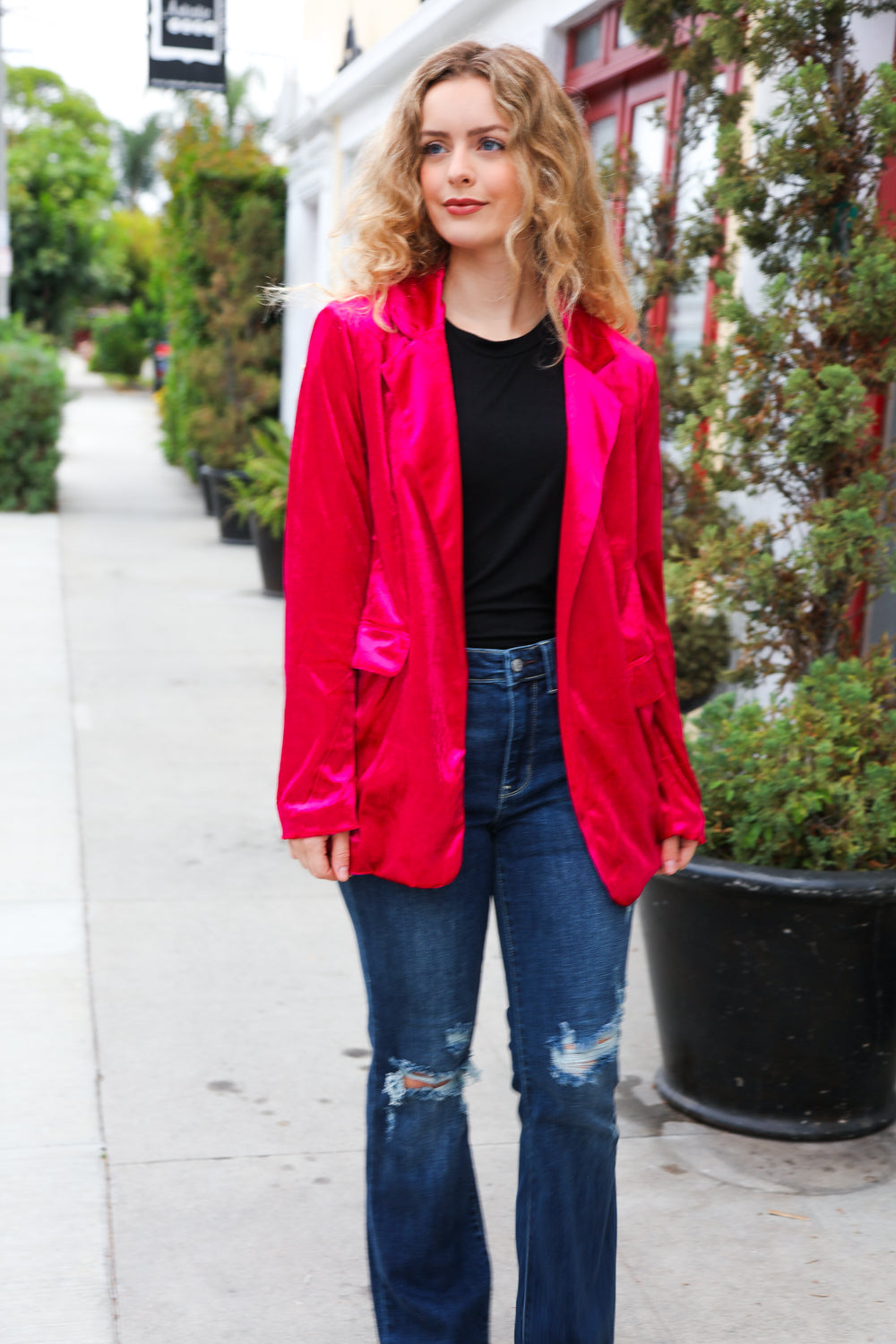 Dazzling Magenta Velvet Lapel Blazer