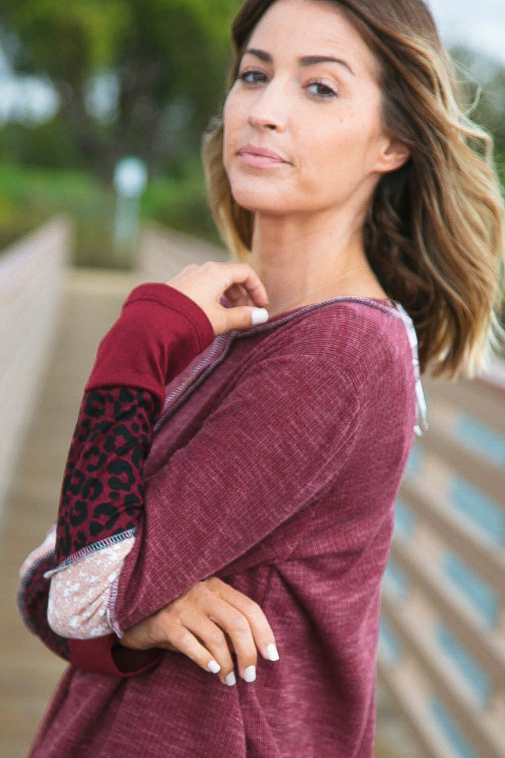 Burgundy Thermal Floral Leopard Color Block Top