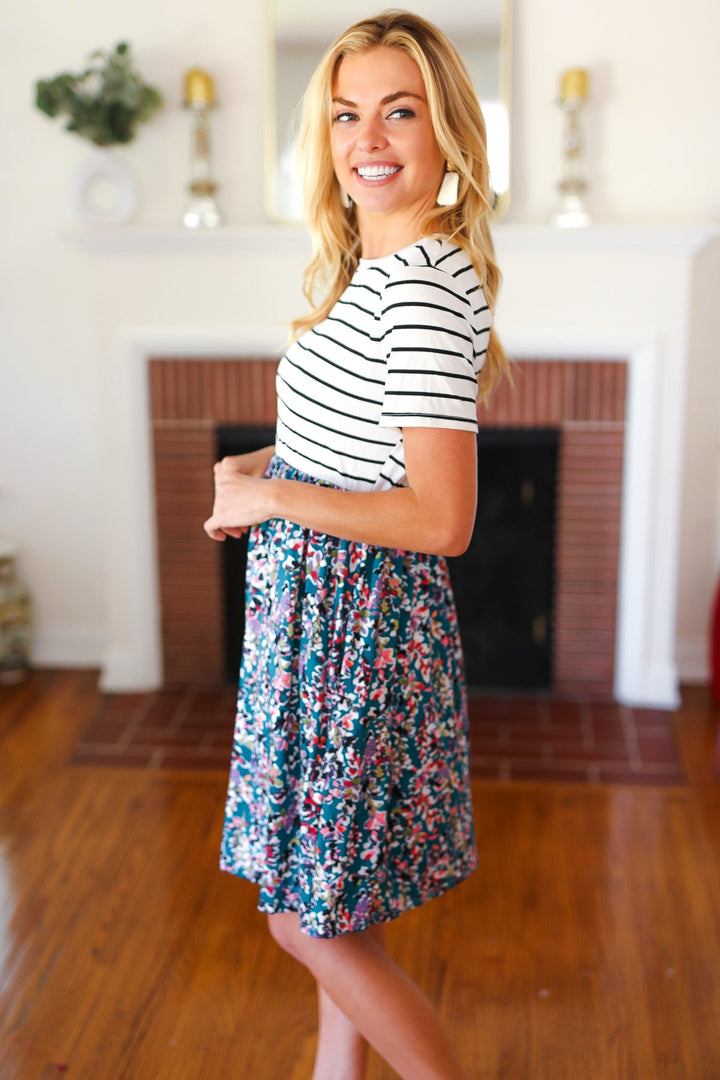 Two Fer Stripe & Multicolor Floral Color Block Tiered Dress