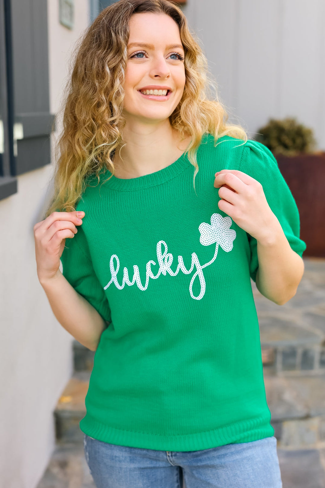 Lucky Lady Shamrock Green Sequin Puff Sleeve Knit Top