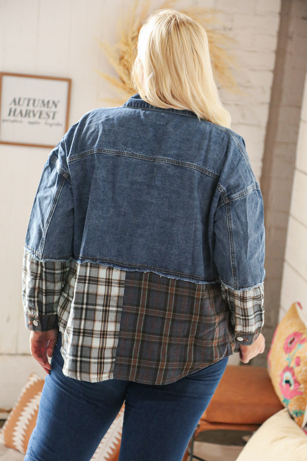 Washed Cotton Denim Plaid Color Block Jacket