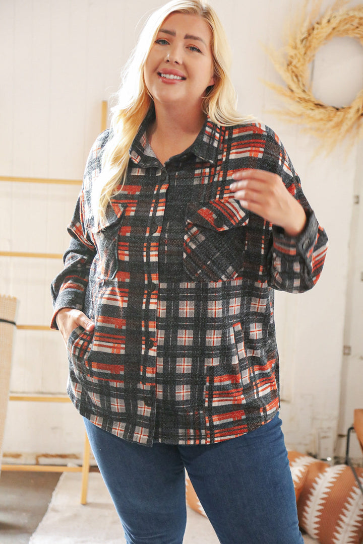 Black & Rust Brushed Plaid Oversize Pocketed Shacket