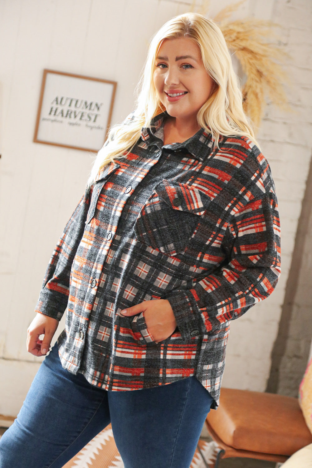 Black & Rust Brushed Plaid Oversize Pocketed Shacket