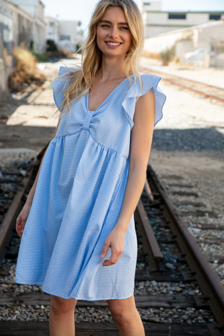 Blue Bow Ruffle Short Sleeve Flutter Pocketed Dress