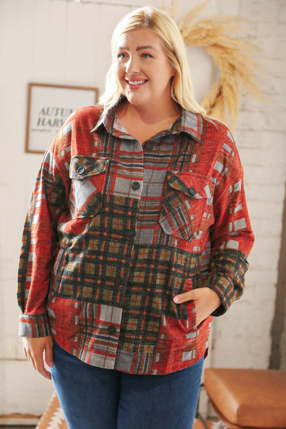 Hunter Green/Rust Brushed Plaid Oversize Shacket