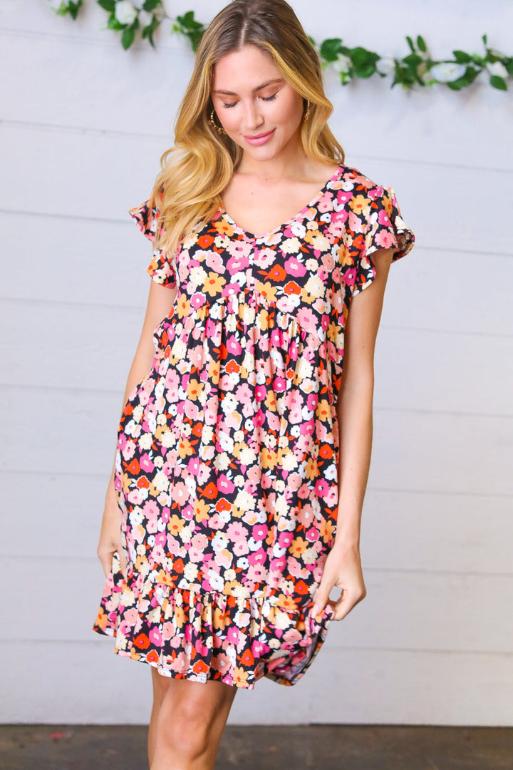 Peach & Coral Flat Floral Babydoll Midi Dress