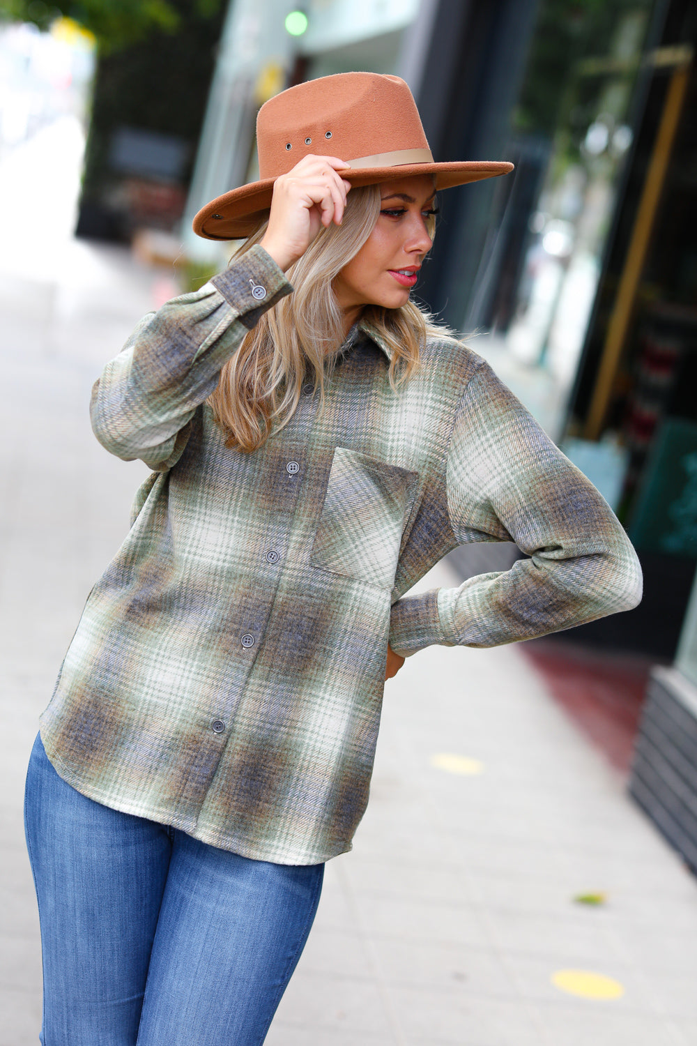 Weekend Ready Green Jacquard Plaid Button Up