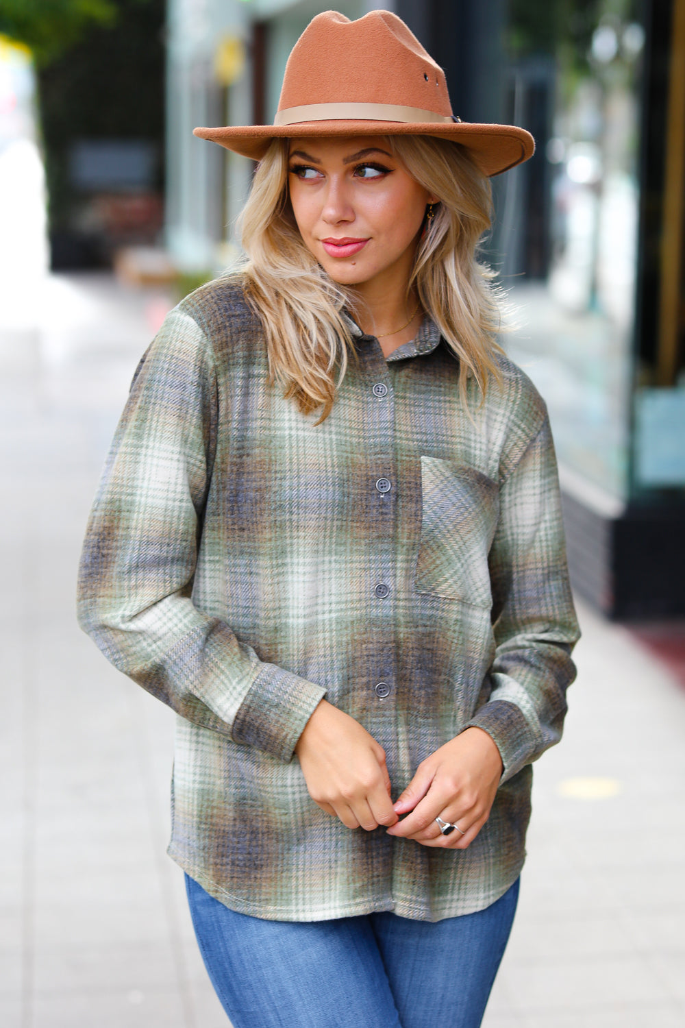 Weekend Ready Green Jacquard Plaid Button Up