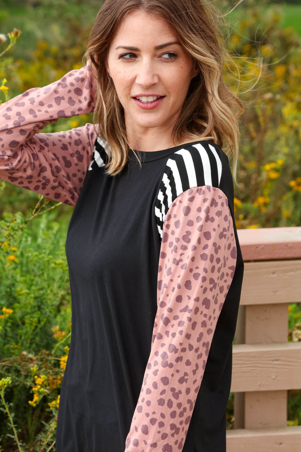 Leopard Stripe Long Sleeve Raglan Color Block Top