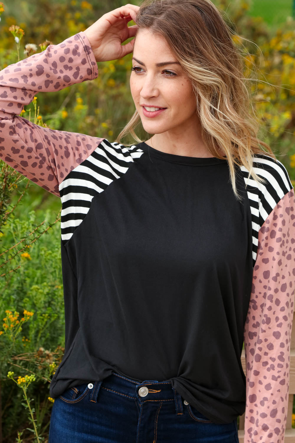 Leopard Stripe Long Sleeve Raglan Color Block Top