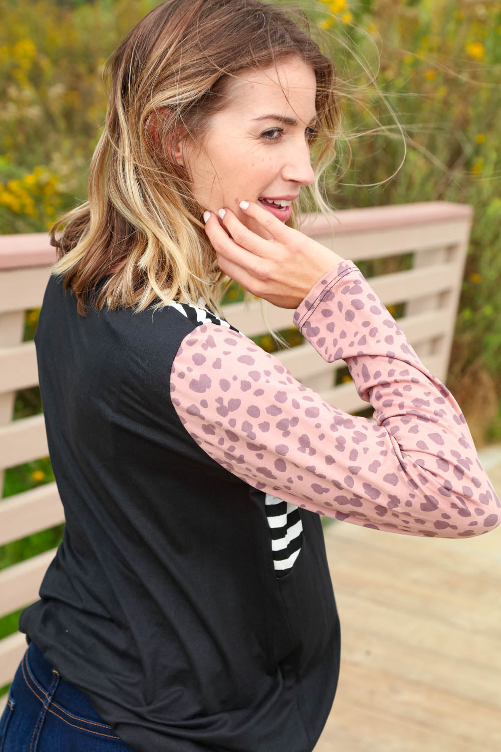 Leopard Stripe Long Sleeve Raglan Color Block Top