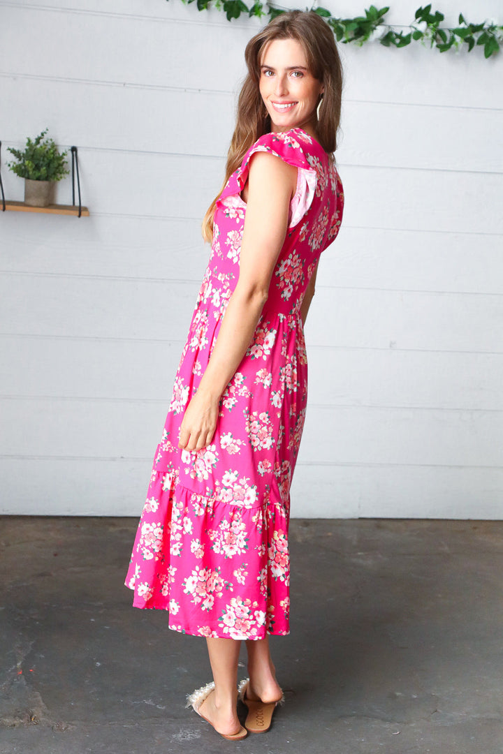 Fuchsia Floral Elastic Waist Fit and Flare Ruffle Midi Dress