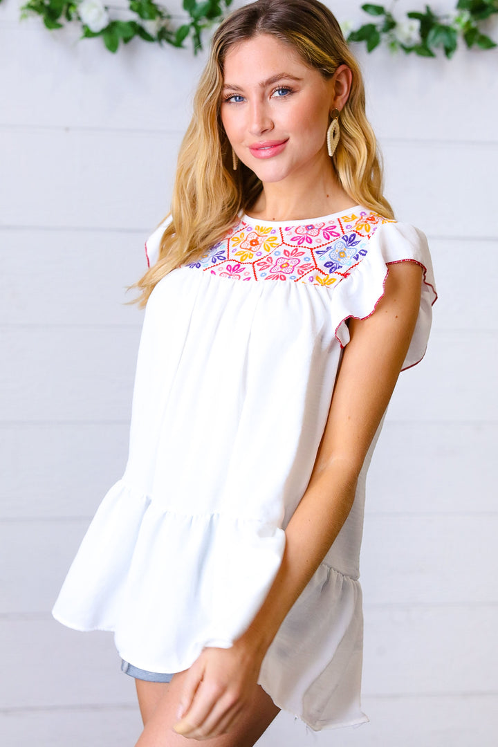 Ivory Floral Embroidery Print Ruffle Sleeve Yoke Top