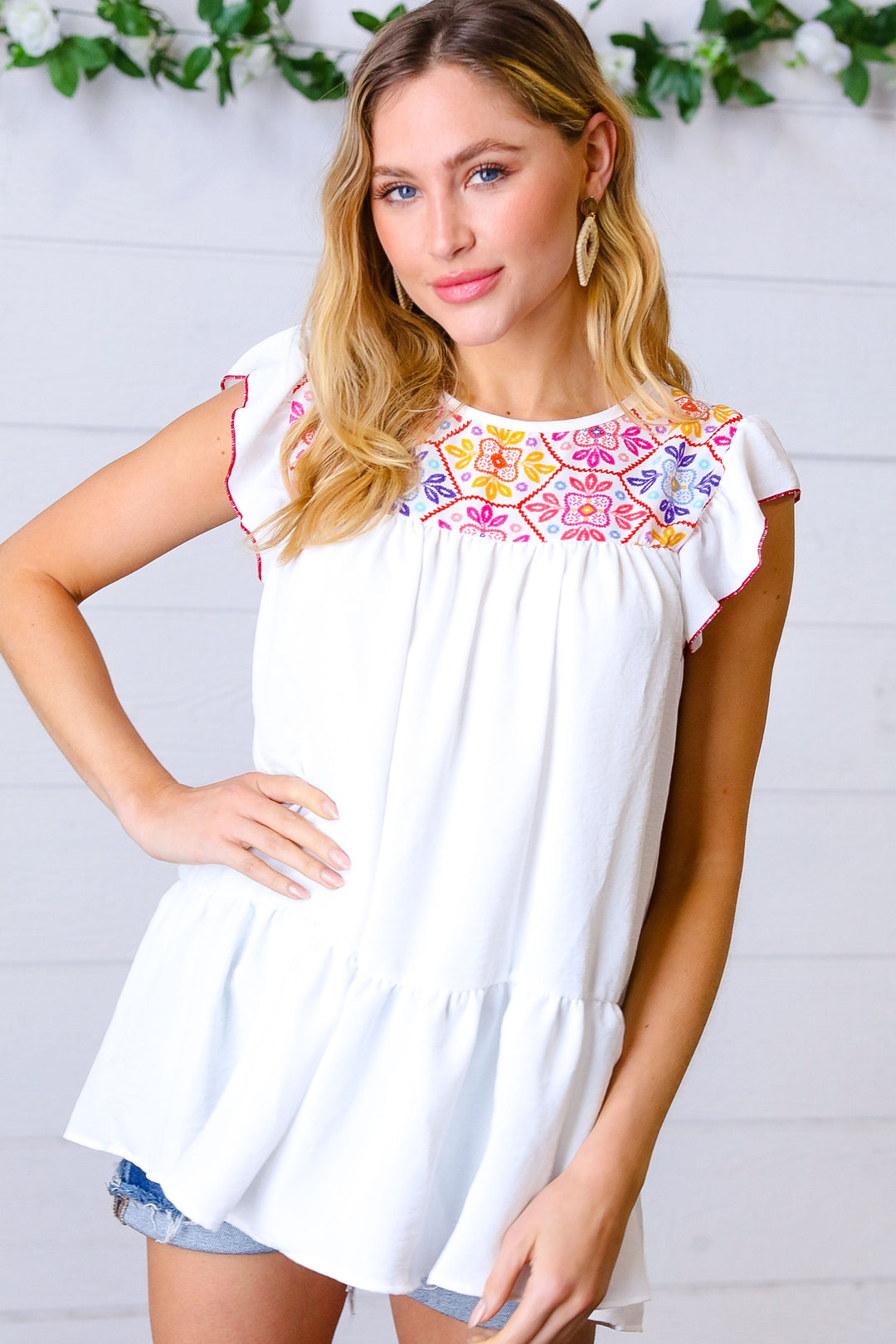 Ivory Floral Embroidery Print Ruffle Sleeve Yoke Top