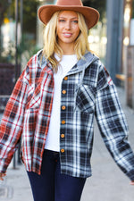 Rust & Charcoal Plaid Colorblock Hoodie Shacket