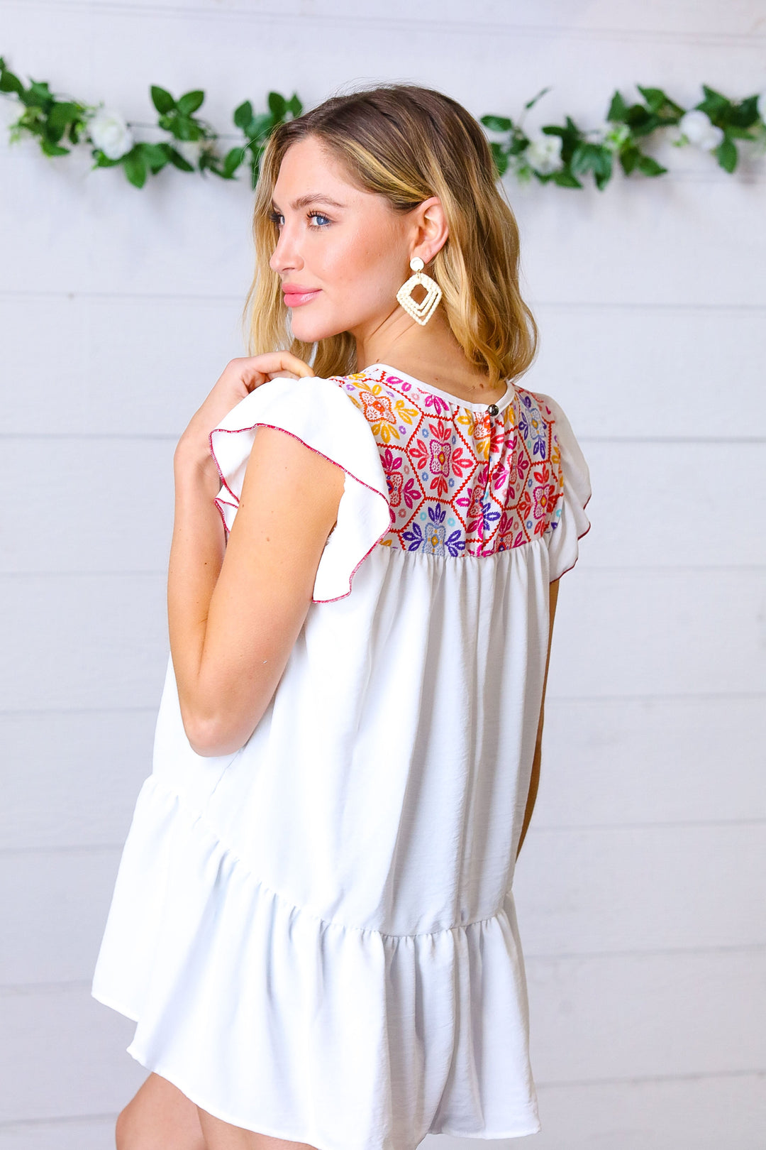 Ivory Floral Embroidery Print Ruffle Sleeve Yoke Top