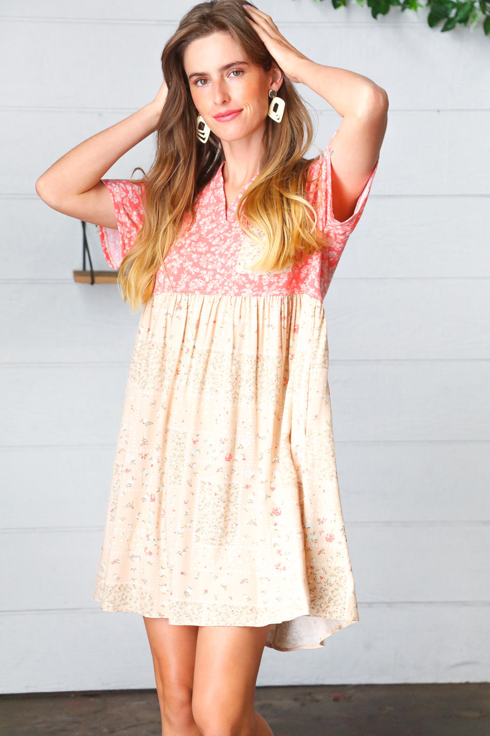 Coral & Taupe Floral Babydoll Color Block Dress