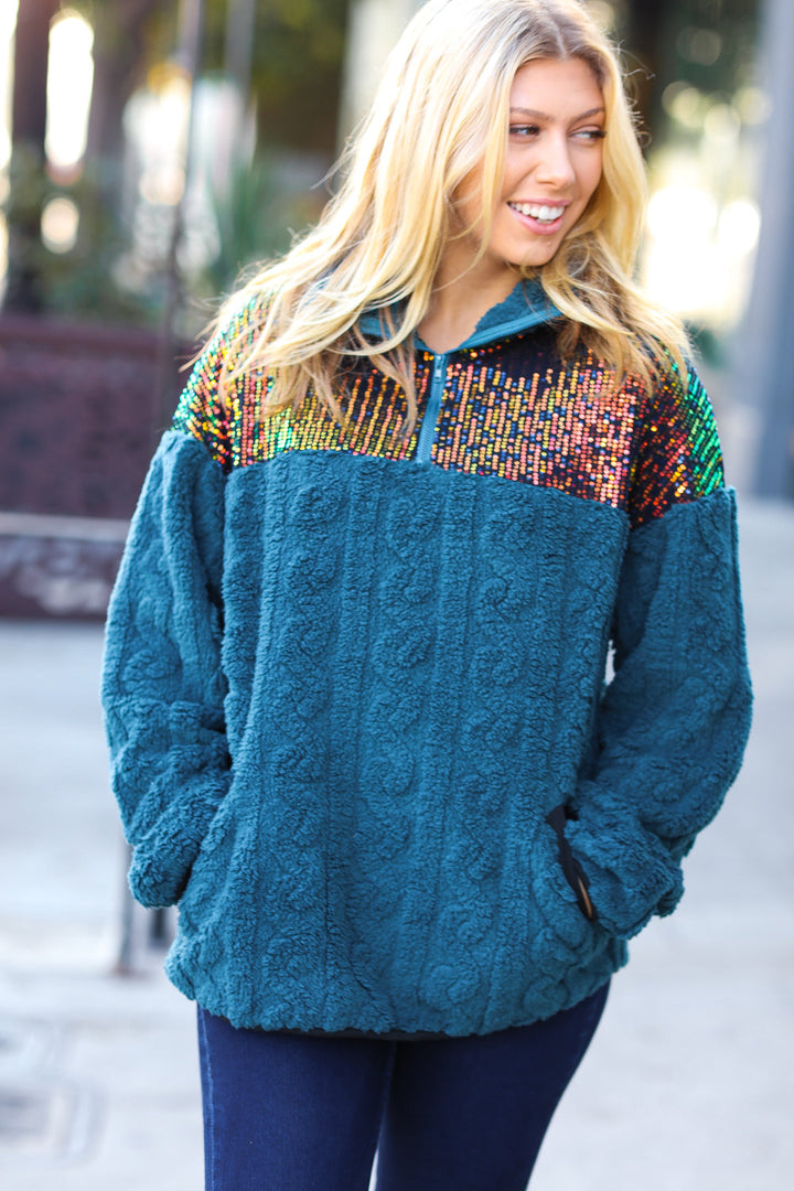 Going With You Teal Sequin & Sherpa Half Zip Pullover