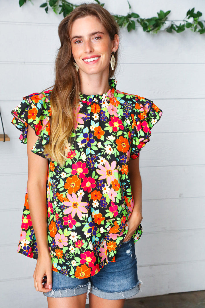 Vibrant Multicolor Floral Mock Neck Flutter Sleeve Top