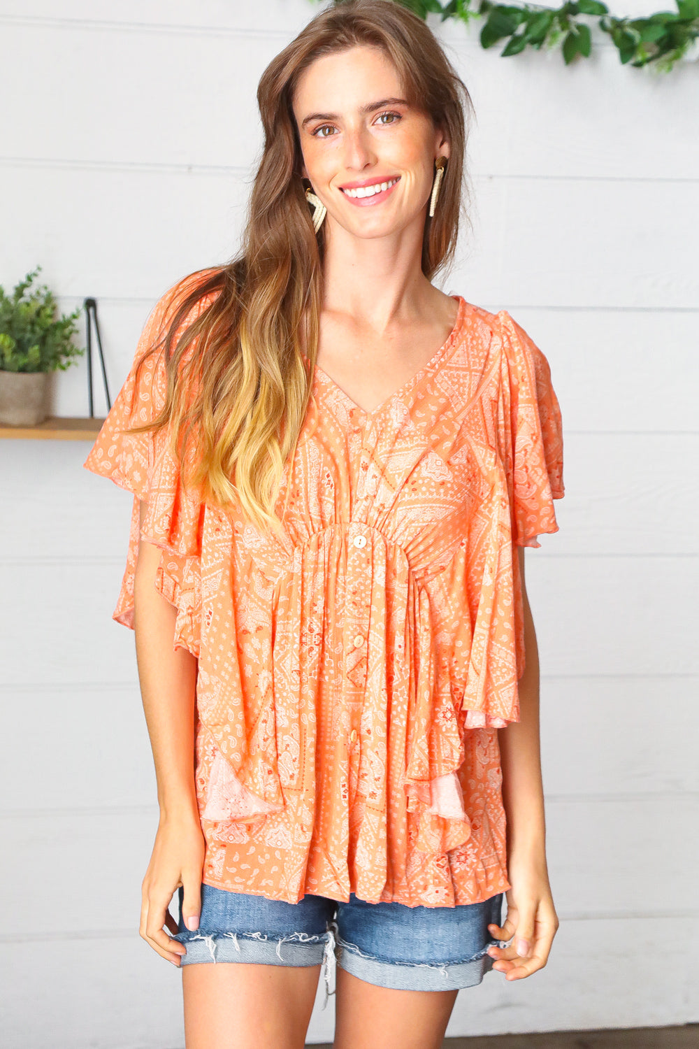 Apricot Boho Print Button Detail Side Ruffle Top