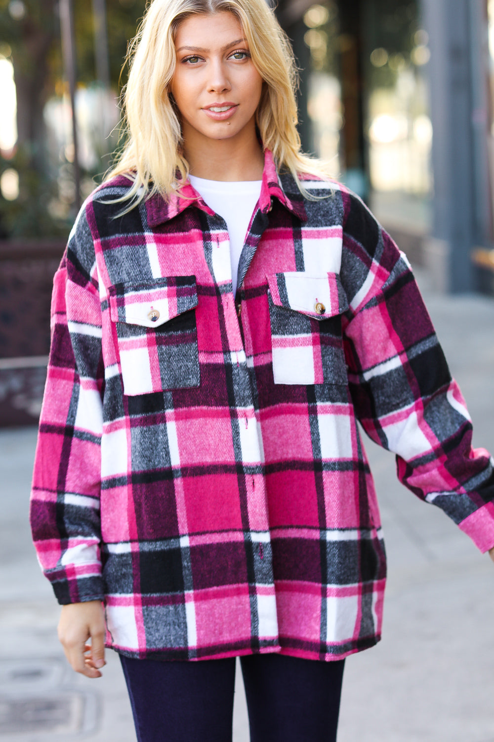 Sassy Fuchsia Plaid Flannel Button Down Shacket