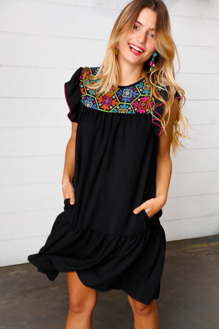 Black Crepe Neon Floral Embroidery Flutter Sleeve Dress