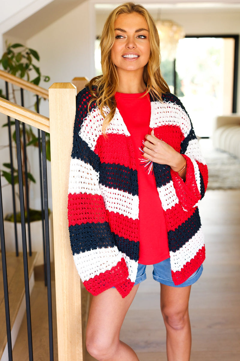 Simply Patriotic Red White & Blue Striped Crochet Cardigan