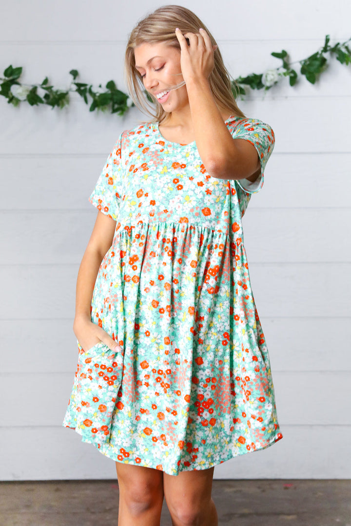 Mint & Coral Floral Babydoll Fit and Flare Dress