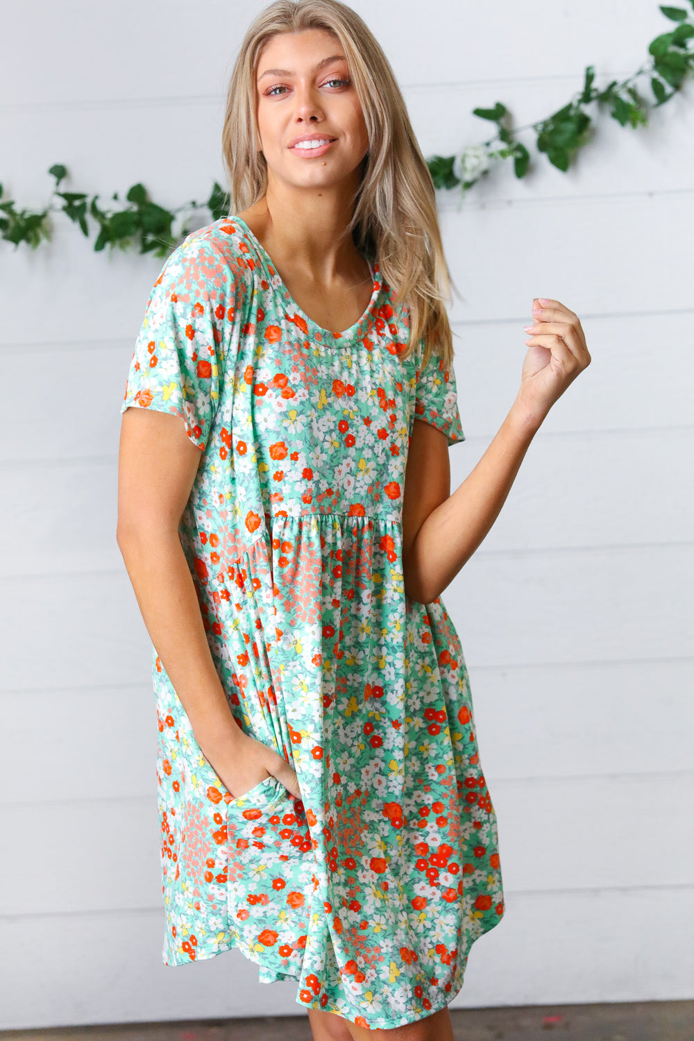 Mint & Coral Floral Babydoll Fit and Flare Dress