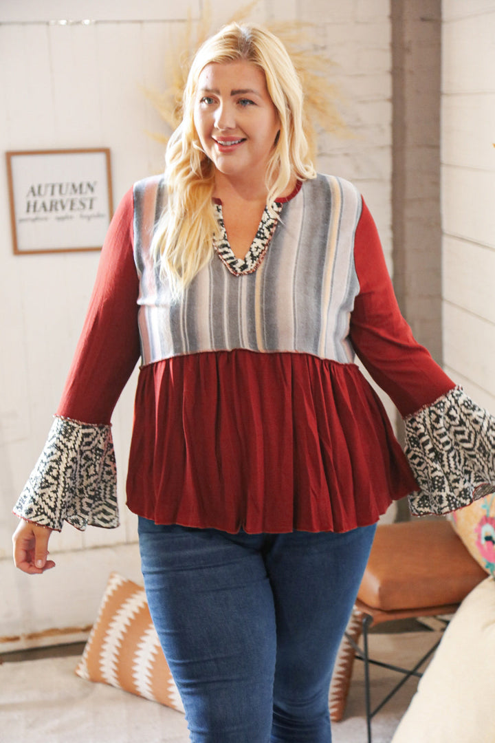 Berry Hacci Aztec Multistripe Outseam Bell Sleeve Top