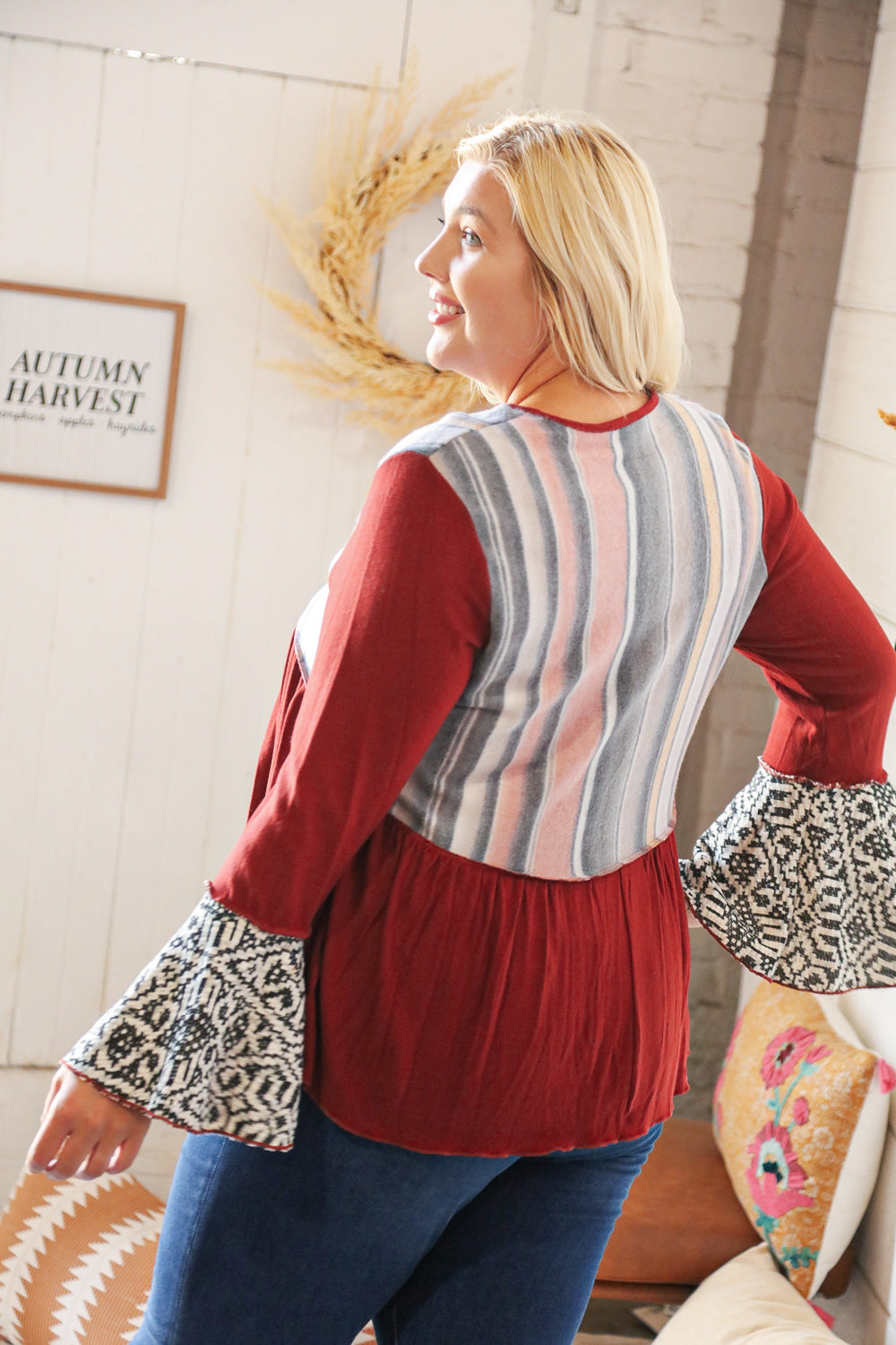 Berry Hacci Aztec Multistripe Outseam Bell Sleeve Top