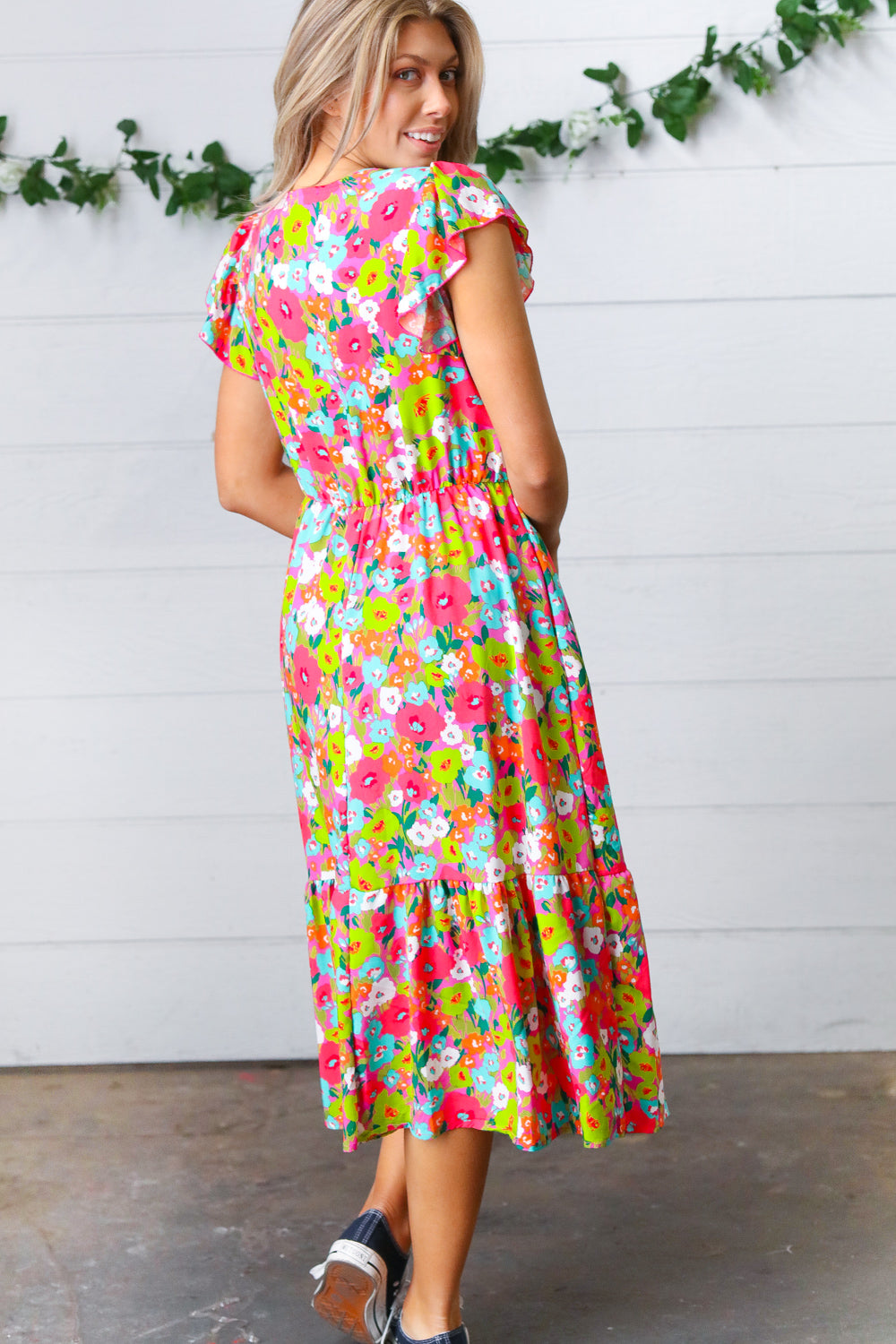 Multicolor Floral Boho Elastic Waist Ruffle Midi Dress