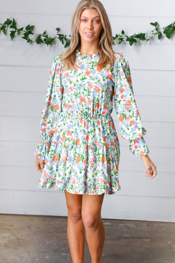 Sage Watercolor Mock Neck Multi-Tiered Dress