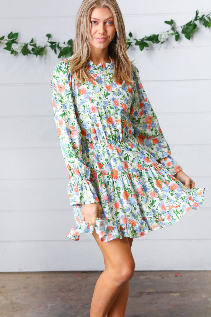 Sage Watercolor Mock Neck Multi-Tiered Dress