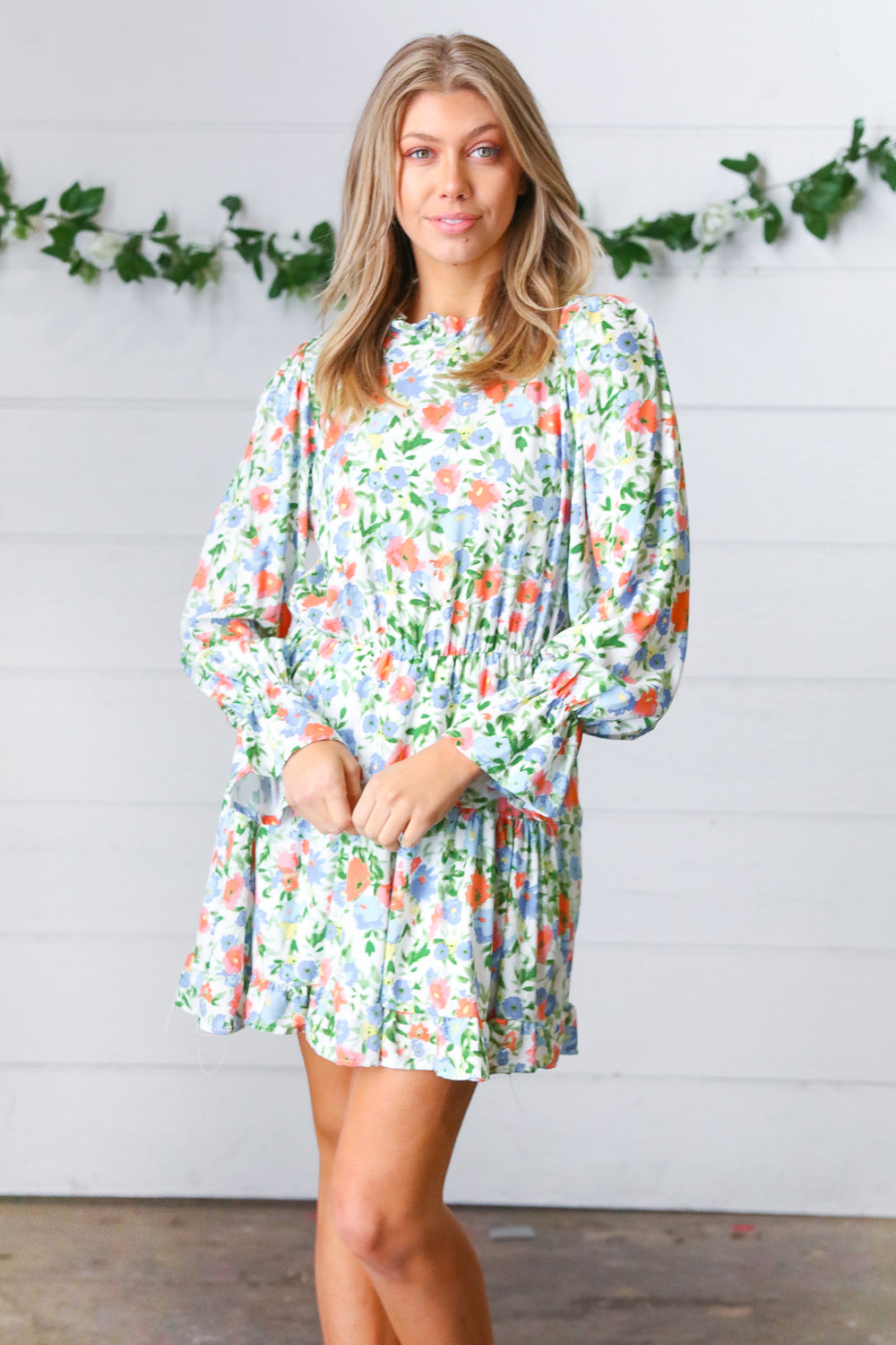 Sage Watercolor Mock Neck Multi-Tiered Dress