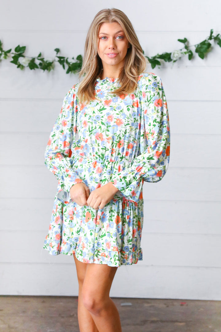 Sage Watercolor Mock Neck Multi-Tiered Dress