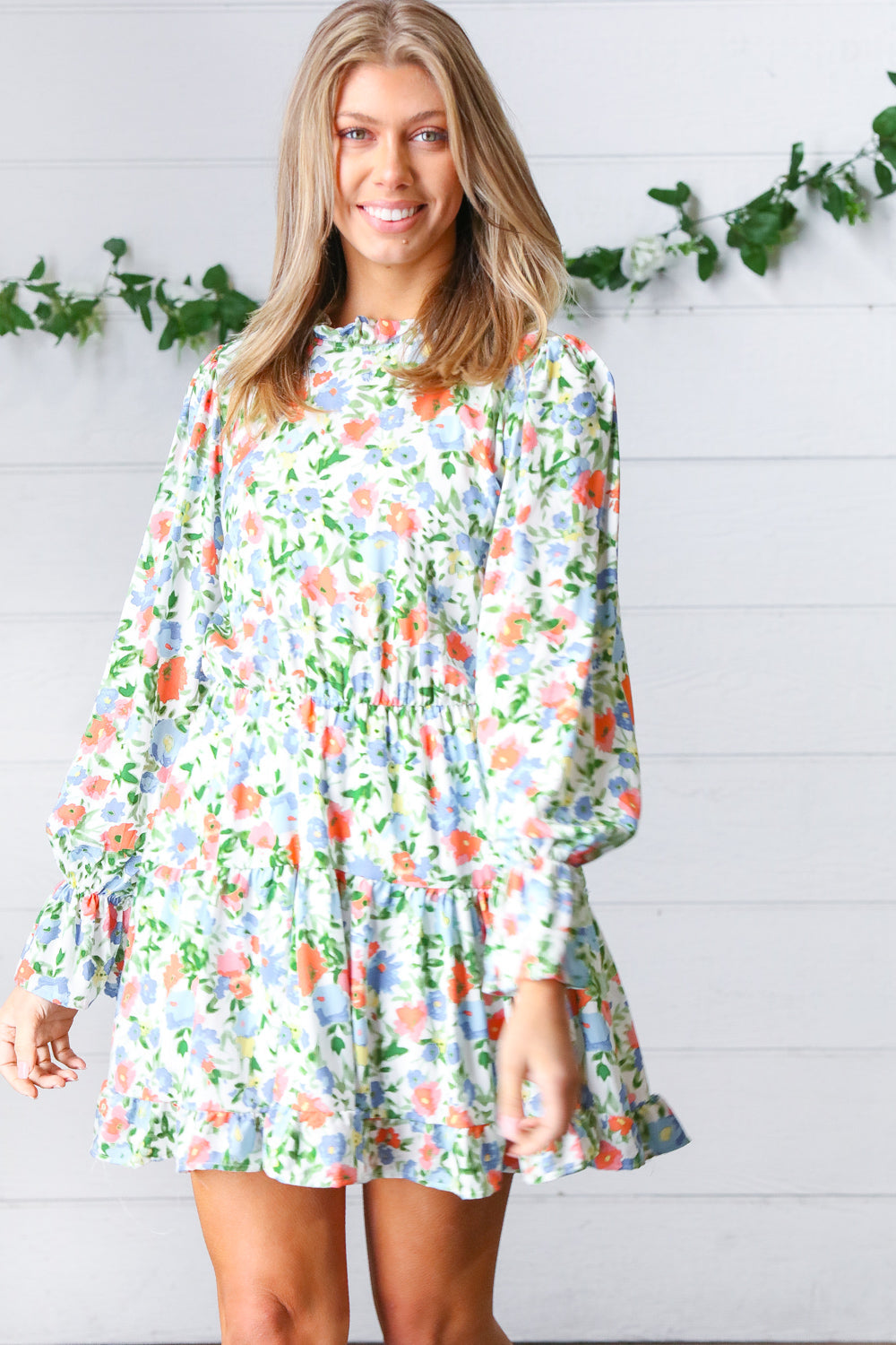 Sage Watercolor Mock Neck Multi-Tiered Dress