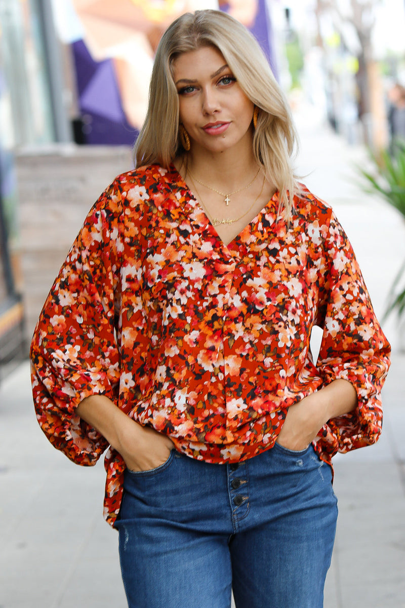 Rust Floral Print V Neck Woven Top