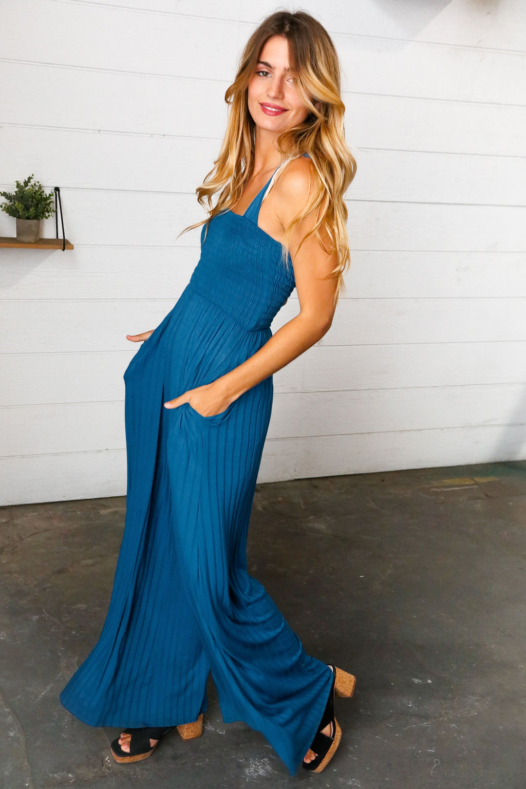 Ocean Blue Smocked Rib Wide Leg Romper Jumpsuit