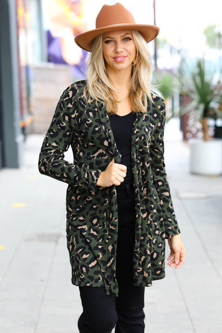 Weekend Envy Olive Animal Print Open Cardigan