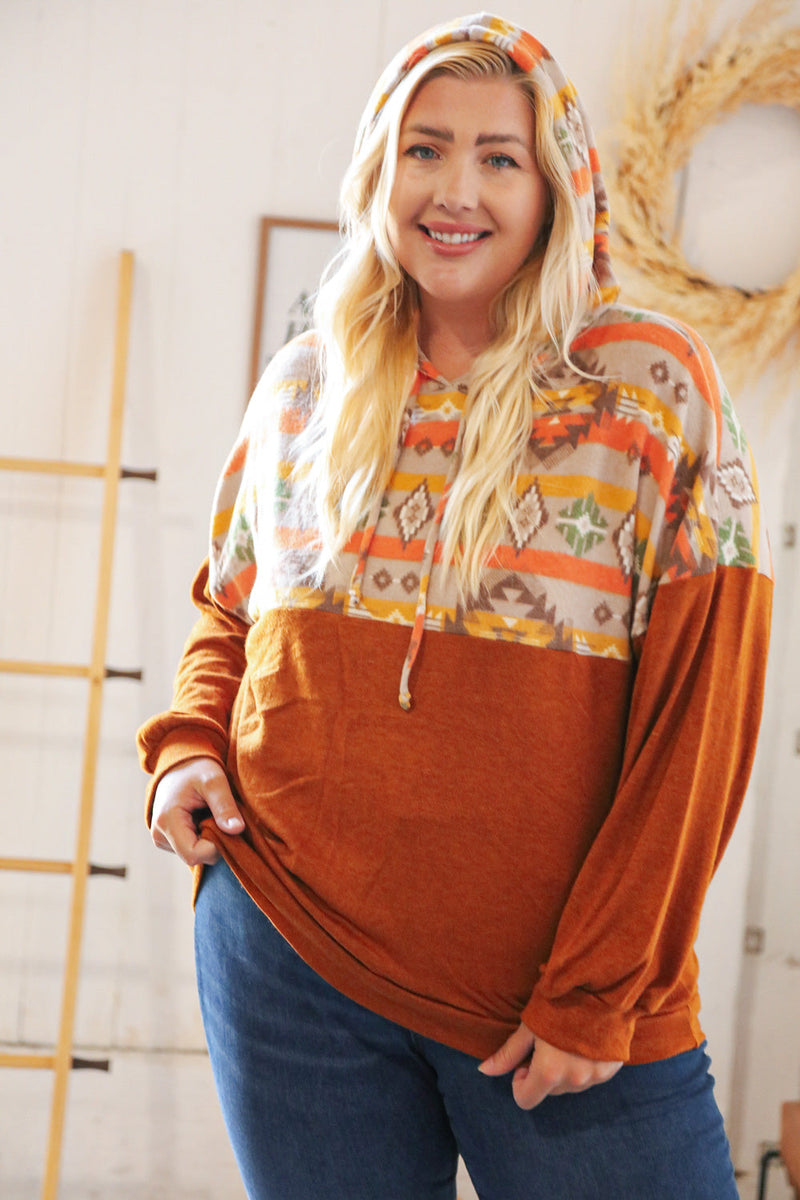 Rust Aztec Hacci Color Block Hoodie