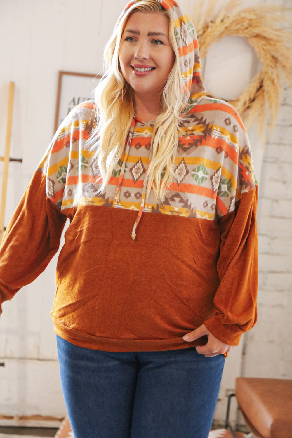 Rust Aztec Hacci Color Block Hoodie