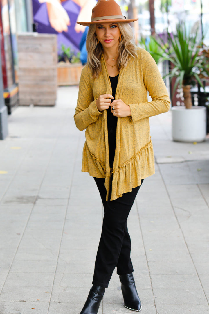 Face the Day Mustard Two-Tone Ruffle Cardigan