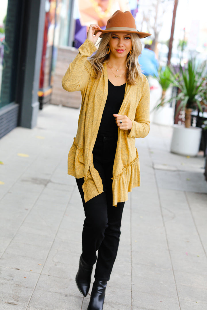 Face the Day Mustard Two-Tone Ruffle Cardigan